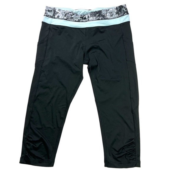 90 Degree By Reflex Pants - Active‎ Life Black Aqua Mint Cropped Leggings Womens Large Floral Ruched CW6712